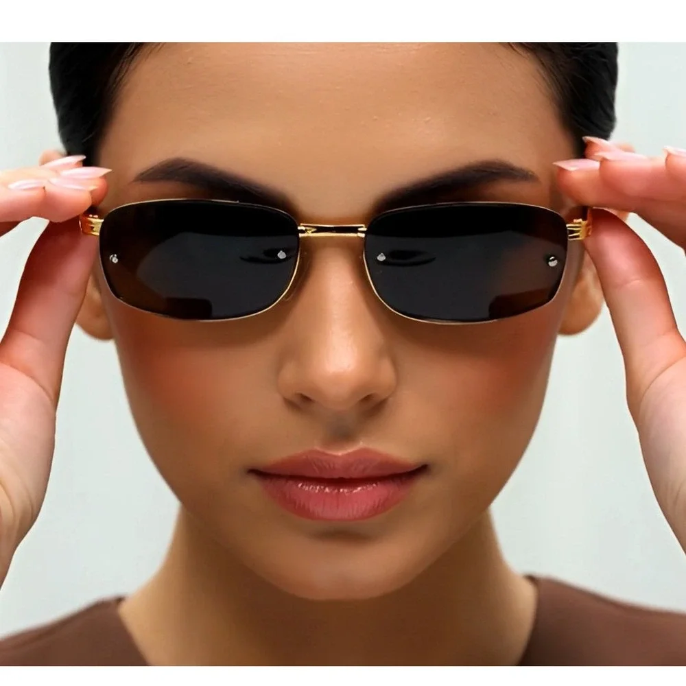 Rimless Sunglasses Rectangle Gold Wood Arms WomenFashion‎ Dark Black Lens Lentes